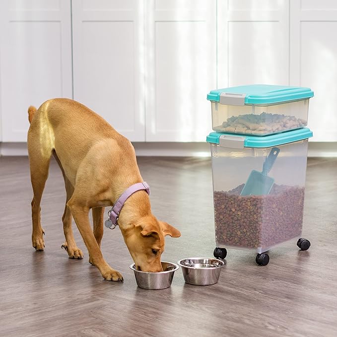 IRIS USA 30 lbs & 11 lbs Combo Airtight Dog Food Storage Container, Stackable Treat Box, 2-Cup Scoop, Wheels, Keep Fresh, Easy Mobility, Seafoam Blue