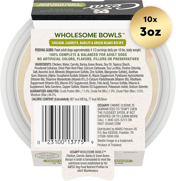 CESAR WHOLESOME BOWLS Adult Soft Wet Dog Food, Chicken, Carrots, Barley & Green Beans Recipe, 3 oz., Pack of 10