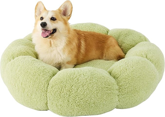 Lesure Calming Large Dog Bed - Flower Donut Round Fluffy Puppy Bed in Plush Teddy Sherpa, Non-Slip Cute Flower Dog Beds, Large Pet Bed Fits up to 100 lbs, Machine Washable, Green 36"