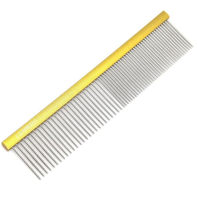 Professional Dog Grooming Comb For Shedding Tangles,Knots,Mats.Metal Dog Comb with Long and Wide Tooth Metal Comb for Long Hair Dogs and Cats.No Hurt Pets Skin.7.5INCHES.(Gold)-1PC