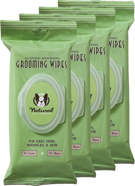 Natural Dog Company Grooming Wipes with Aloe Vera, Cleanses, Soothes, & Deodorizes, Fragrance Free, Hypoallergenic, Biodegradable Wipes - Dog Wipes for Ear, Paws, Face and Butt Wipes (200 Wipes)