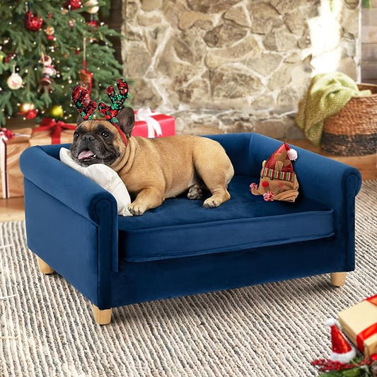 dCee Medium Dog Sofa, Holds Up to 70 Lbs, 33 in. Soft Velvety Dog Couches, Pet Sofa for Comfort Sleep and Joint Support, Navy