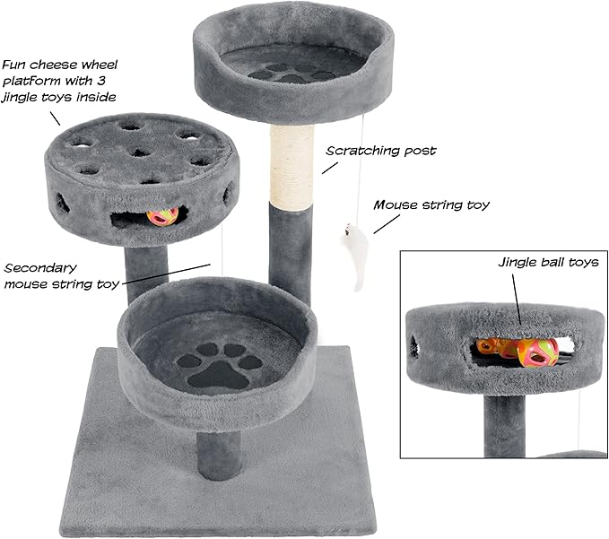 3-Tier Cat Tower with Sisal Rope Scratching Post, 2 Carpeted Napping Perches, Hanging Mouse, and Interactive Toy for Indoor Cat Use by PETMAKER (Gray)