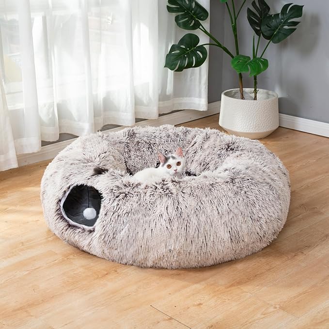 LUCKITTY Warm Fluffy Plush Cat Dog Tunnel Bed with Washable Cushion-Big Tube Playground Toys 3 FT Diameter Longer Crinkle Collapsible 3 Way, for Indoor Cat Kitty Kitten Puppy Rabbit Ferret Brown