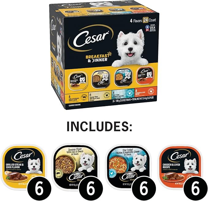 CESAR HOME DELIGHTS Adult Wet Dog Food & Classic Loaf in Sauce Breakfast & Dinner Variety Pack, (24) 3.5 oz. Easy Peel Trays