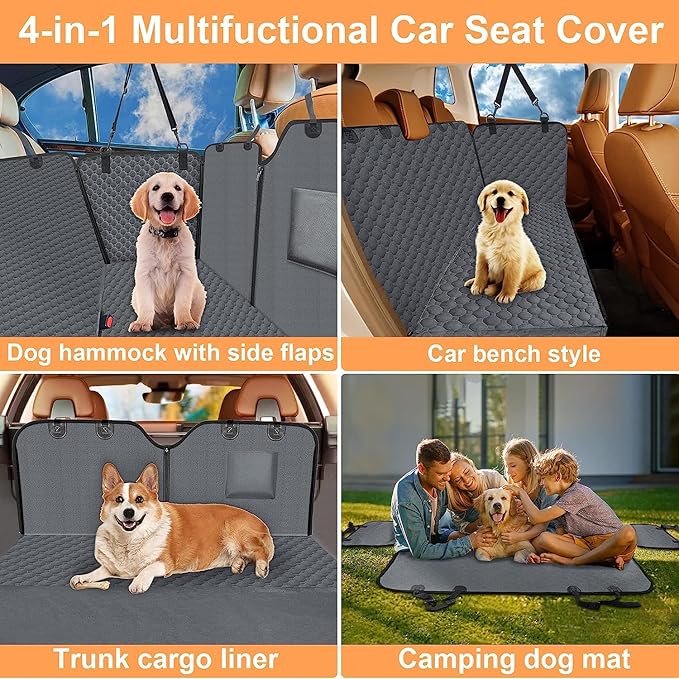 Mancro Dog Car Seat Cover for Back Seat, Waterproof Car Seat Protector for Dogs with Side Flaps, Scratchproof Dog Backseat Cover, Nonslip Dog Hammock for Sedans, SUVs, X-Large, Grey