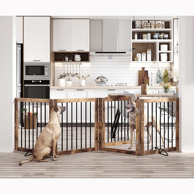 Folding Pet Gate 96" Wide, 30" Tall No-Assembly Wooden Dog Gate with Door Walk Through, Freestanding Pet Gate, Puppy Safety Fence, with 2PCS Support - Rustic Brown