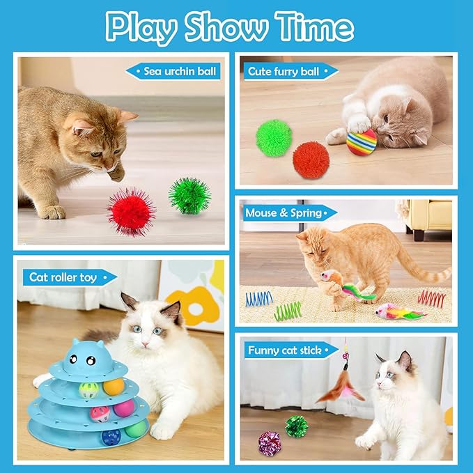 UPSKY 20 PCS Cat Toys, Cat Roller Toy 3-Level Turntable Cat Toys Balls for Indoor Cats, Kitten Toys Set with Cat Teaser Toys, Mice Toys, Spring toys, and Various Ball Toys.