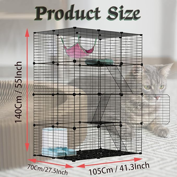 4-Tier Cat Cages Indoor, DIY Cat Enclosure, Cat Playpen Catio Detachable Metal Wire Kennels Pet Crate Large Exercise Place Ideal for 1-3 Cat