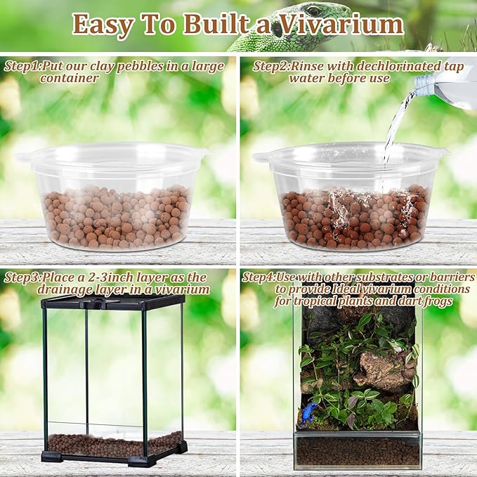 4LBS Expanded Clay Balls Terrarium Substrate for Reptiles - 100% Organic Lightweight Clay Pebbles Substrate Frogs False Bottom Substrate, Bioactive Terrarium Substrate for Drainage and Moisture