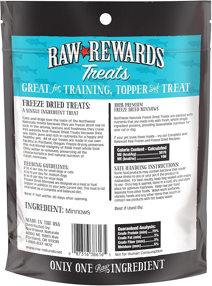 Northwest Naturals Raw Rewards Freeze-Dried Minnow Treats for Dogs and Cats - Bite-Sized Pieces - Healthy, 1 Ingredient, Human Grade Pet Food, All Natural - 1 Oz (Packaging May Vary)