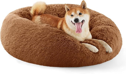 Bedsure Calming Dog Bed for Medium Dogs - Donut Washable Medium Pet Bed, 30 inches Anti-Slip Round Fluffy Plush Faux Fur Cat Bed, Fits up to 45 lbs Pets, Caramel