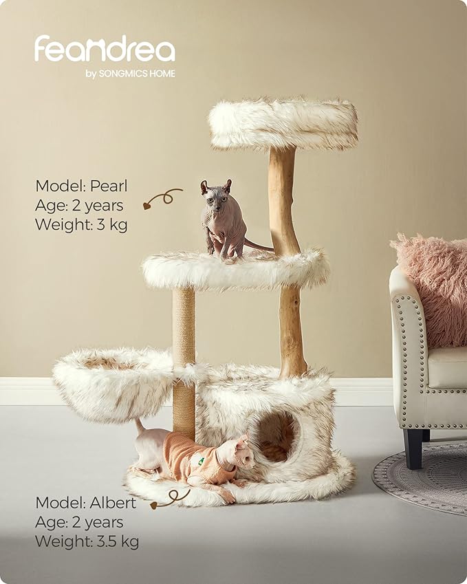 Feandrea Modern Cat Tree, Wood Cat Tower for Large Cats up to 22 lb, 48.4-Inch Luxury Cat Condo with Scratching Post, Perch, Cave, Basket, White UPCT144W01