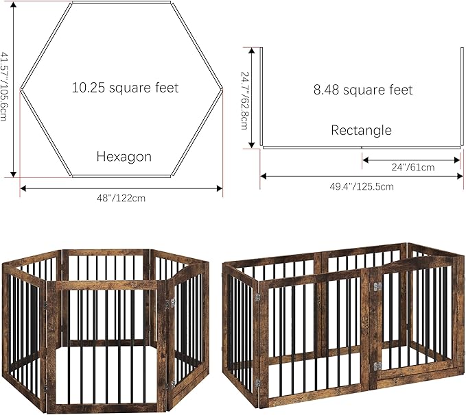 Folding Pet Gate 144" Wide, 30" Tall No-Assembly Wooden Dog Gate with Door Walk Through, Freestanding Pet Gate, Puppy Safety Fence, with 2PCS Support - Rustic Brown