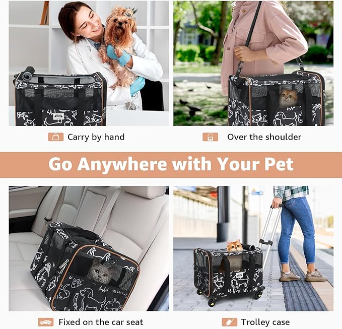 Lekereise Cat Carrier with Wheels for Small Pet, Airline Approved Dog Carrier with Wheels, Rolling Dog Cat Carrier, Black with Pattern