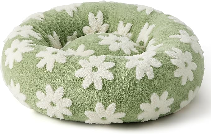 Lesure Donut Small Dog Bed - Round Cat Beds for Indoor Cats Calming Pet Beds, Cute Modern Beds with Jacquard Shaggy Plush & Anti Slip Bottom, 30 Inch, Green