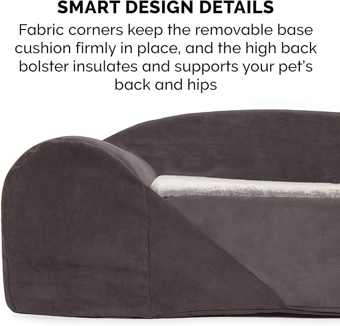 Furhaven Orthopedic Dog Bed for Medium Dogs w/ Removable Washable Cover & Reversible Foam Cushion, For Dogs Up to 55 lbs - Luxury Edition Faux Fur & Suede Sofa - Stone Gray, Medium