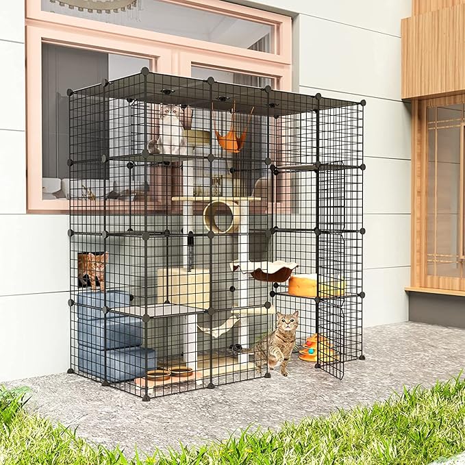 Outdoor Cat House, Cages Enclosure with Super Large Enter Door, 55.1L x 27.6W x 55.1H Balcony Cat Playpen with Platforms,DIY Kennels Crate, Exercise Place Ideal for 1-4 Cats, BLACK