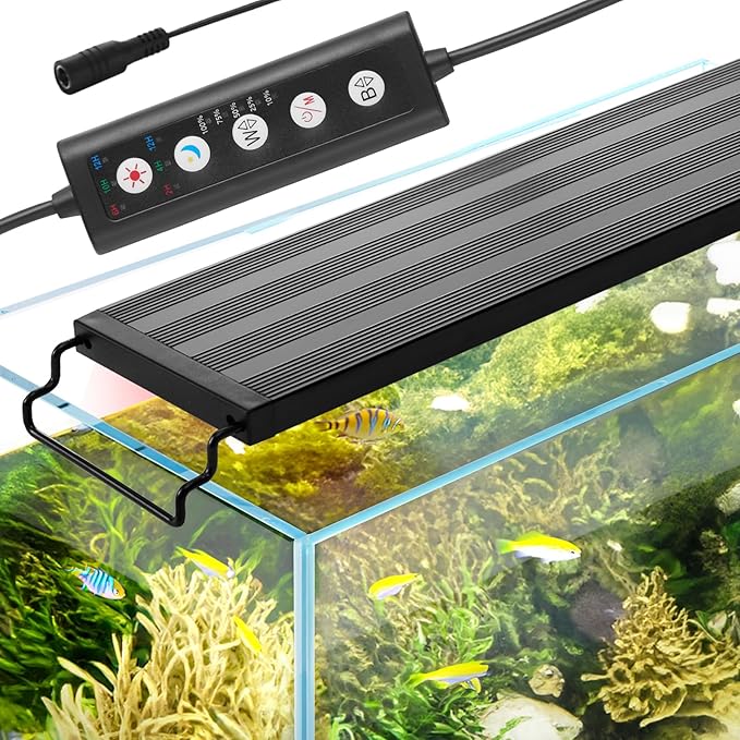 VEVOR Aquarium Light, 14W Full Spectrum Fish Tank Light with 5 Levels Adjustable Brightness, Adjustable Timer and Power-Off Memory, with ABS Shell Extendable Brackets for 18"-24" Freshwater Fish Tank