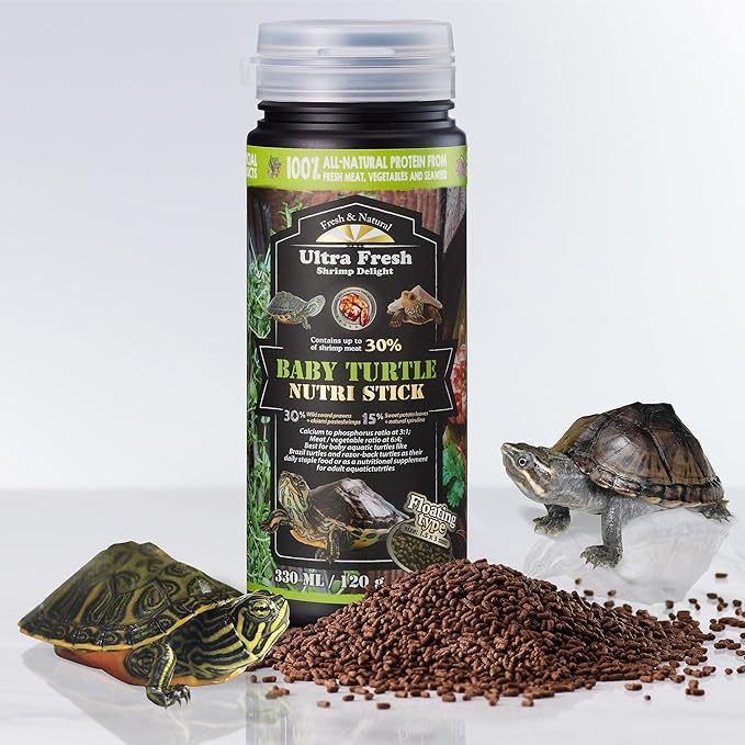 Ultra Fresh Floating Baby Turtle Food, All Natural Ingredients, Wild Sword Prawn, Calcium Vitamin D Enriched for Picky Aquatic Baby Turtles, Baby Turtle Nutri Stick 3.35 oz