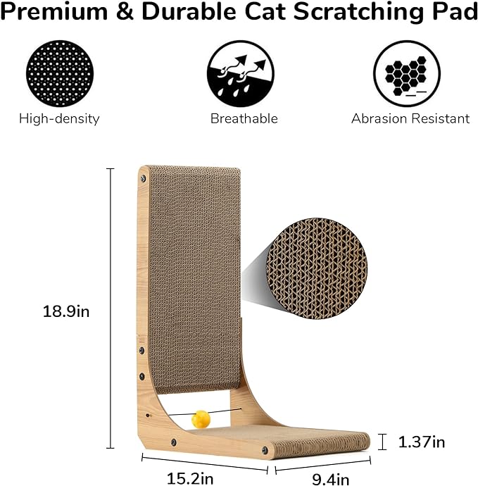 FUKUMARU Cat Scratcher, 18.9 Inch L Shape Cat Scratch Pad, Vertical Cat Scratcher Wall Mounted, Cat Scratching Cardboard with Ball Toy for Indoor Cats