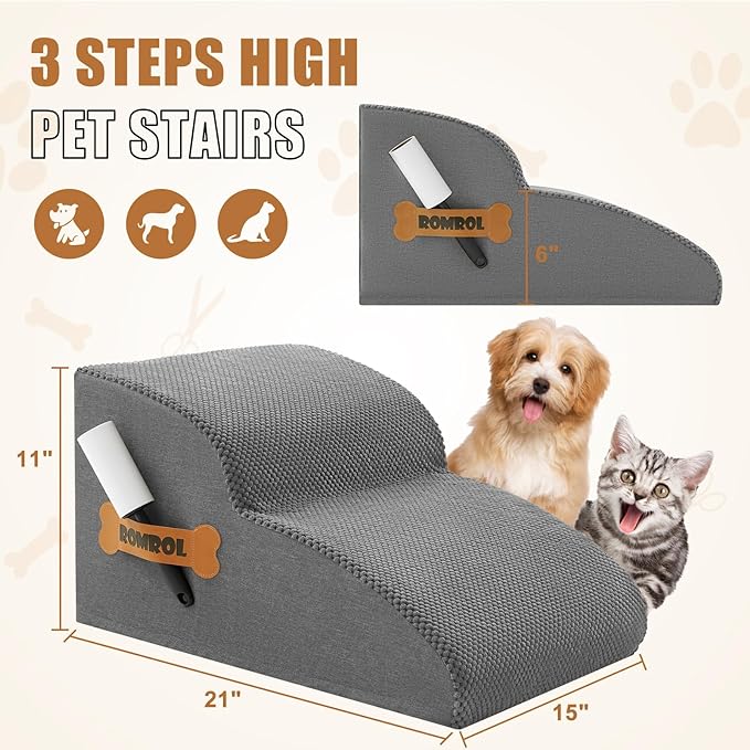 High Density Foam Dog Stairs Ramp for Beds Couches, Romrol Pet Steps with Durable Non-Slip Waterproof Fabric Cover, Dog Slope Stairs Friendly to Small Dogs and Cats or Pets Joints, 2-Tiers, Grey