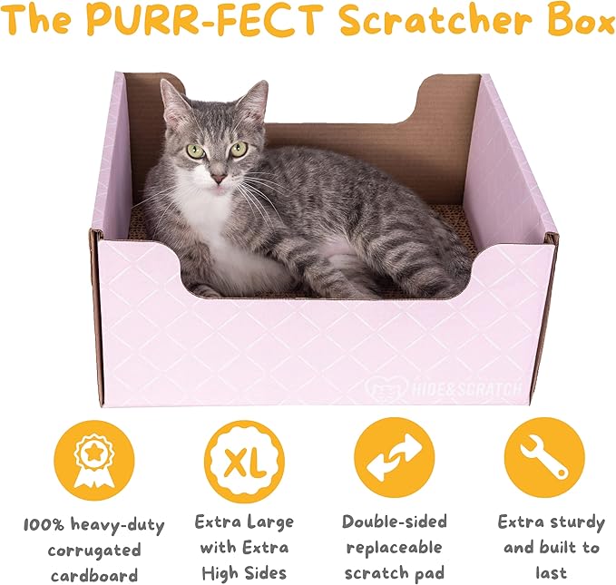 Hide & Scratch Extra-Large Heavy Duty Cardboard Cat Scratcher Box and Cat Bed with Refillable Scratch Pad