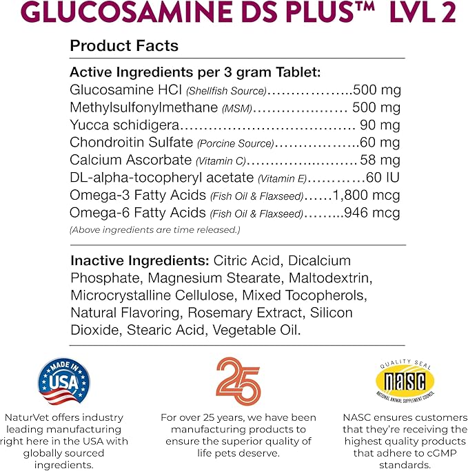 NaturVet Glucosamine DS Plus Level 2 Moderate Care Joint Support Supplement for Dogs and Cats, Chewable Tablets Time Release, Made in The USA, 120 Count