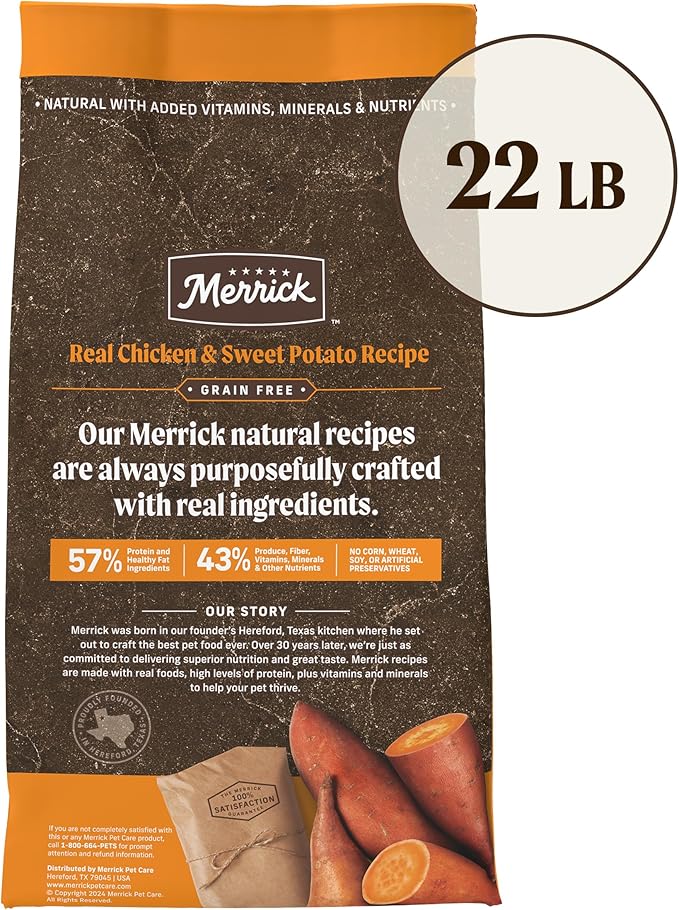 Merrick Premium Grain Free Dry Adult Dog Food, Wholesome And Natural Kibble With Real Chicken And Sweet Potato - 22.0 lb. Bag