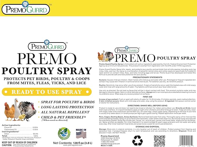 Poultry Spray by Premo Guard – Treat Mites, Fleas, Flies, and Lice – Fast Acting & Effective – Chicken, Turkey, Waterfowl, and Birds – Best Natural Protection for Control & Prevention – 128 oz