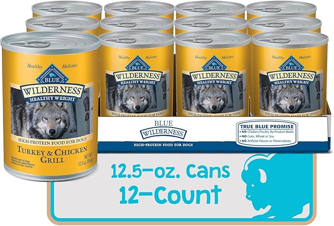 Blue Buffalo Wilderness High Protein, Natural Adult Healthy Weight Dog Wet Food, Turkey & Chicken Grill 12.5-oz cans (Pack of 12)