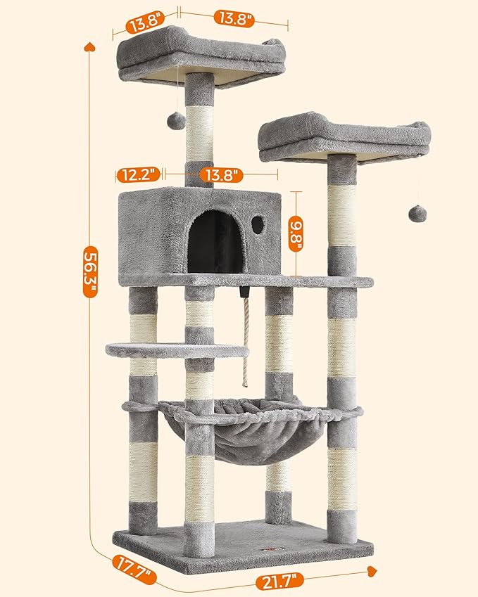 FEANDREA Cat Tree, Cat Tower for Indoor Cats, 56.3-Inch Cat Condo with Scratching Posts, Hammock, Plush Perch, Light Gray UPCT15W