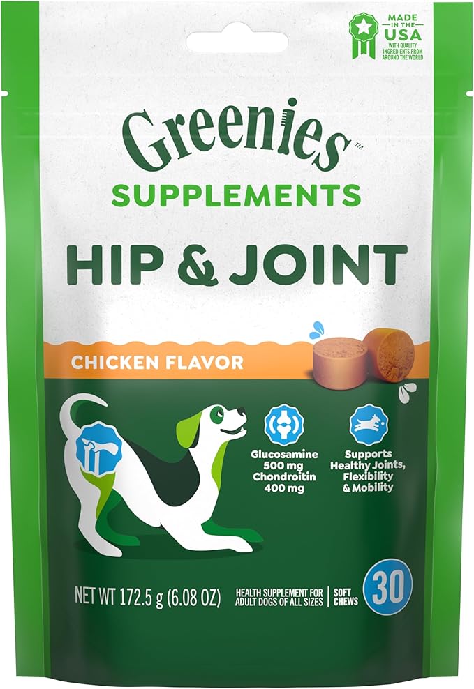 Greenies Supplements Hip and Joint Supplements for Dogs, Chicken Flavor, 30 Count Soft Chews Dog Joint Supplements, 6.08 oz.