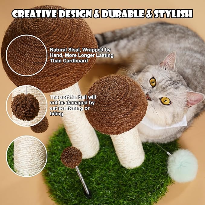Odoland Cat Scratching Post Mushroom Natural Durable Sisal Board Scratcher for Kitty’s Health and Good Behavior, Furniture Scratch Deterrent Accessories for Cats Brown