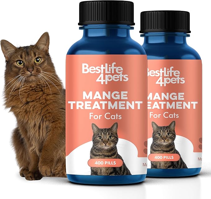 BestLife4Pets 2 Packs Demodectic Mange and Scabies Relief for Cats - Ear Mites & Itch Relief Supplements for Cat Itching Relief - Restores Healthy Feline Coat and Skin - Easy to Use Natural Pills