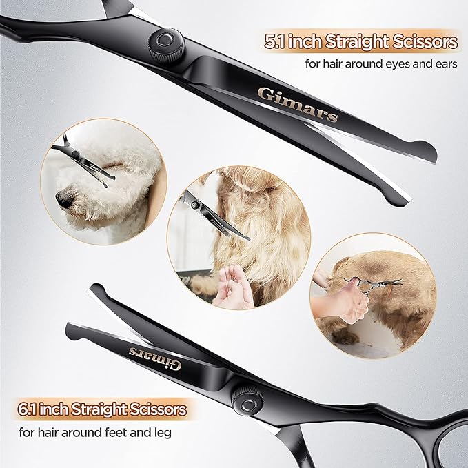 Gimars Professional 4CR Stainless Steel 6 in 1 Grooming Scissors for Dogs with Safety Round Tip, Heavy Duty Titanium Coated Pet Grooming Scissor for Dogs, Cats and Other Animals