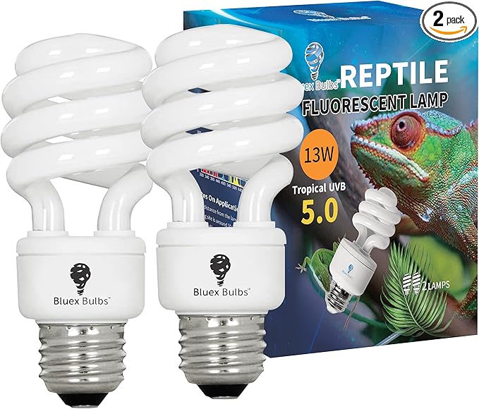2 Pack 13-Watt Reptile Bulb Tropical UVA UVB Light - 5.0 UVB Reptile Light Compact Florescent Terrarium Bulb Suitable for Tropical & Sub-Tropical Reptiles Chameleons Reptile CFL UVB Bulb (13Watt 5.0)