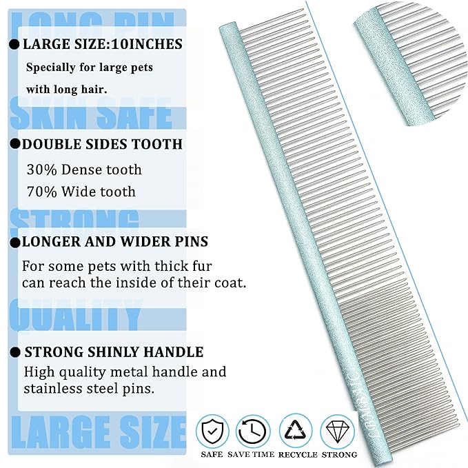 10inches Large Dog Grooming Comb for Shedding Matted Hair for Large Dogs Metal Dog Comb with Long Wide Tooth Comb for Poodles and Goldendoodles Reduce Tangles,Mats and Knots.(Blue)