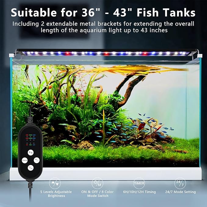 24/7 Mode LED Aquarium Light - Sunrise/Daylight/Moonlight Mode and DIY Mode Full Spectrum Fish Tank Light with Timer Auto On/Off, Dimmable 8 Colors Lighting for 36-43IN Fish Tank