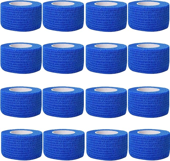 Self Adhesive Bandage Wrap,1 Inch 5 Yards 16 Pack Blue Elastic Flexible Cohesive Bandages, Vet Wrap Tattoo Sports Tape Bulk for First Aid Supplies (Blue)