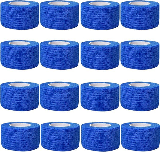 Self Adhesive Bandage Wrap,1 Inch 5 Yards 16 Pack Blue Elastic Flexible Cohesive Bandages, Vet Wrap Tattoo Sports Tape Bulk for First Aid Supplies (Blue)