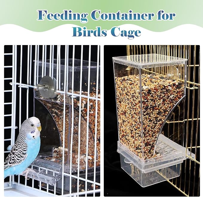 kathson No Mess Bird Feeder Water Dispenser Set,Automatic Parakeet Feeders Drinker Cage Acrylic Parrot Seed Food Dispenser Container Accessories for Small Lovebirds Canary Budgies Finch Squirrel(2Pcs)