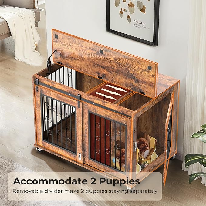 Furniture Style Dog Crate End Table with Sliding Barn Door, Indoor Dog Kennel Furniture with Removable Divider for 2 Small to Medium Pets, Brown, 39.37''W×25.2''D×28.94''H
