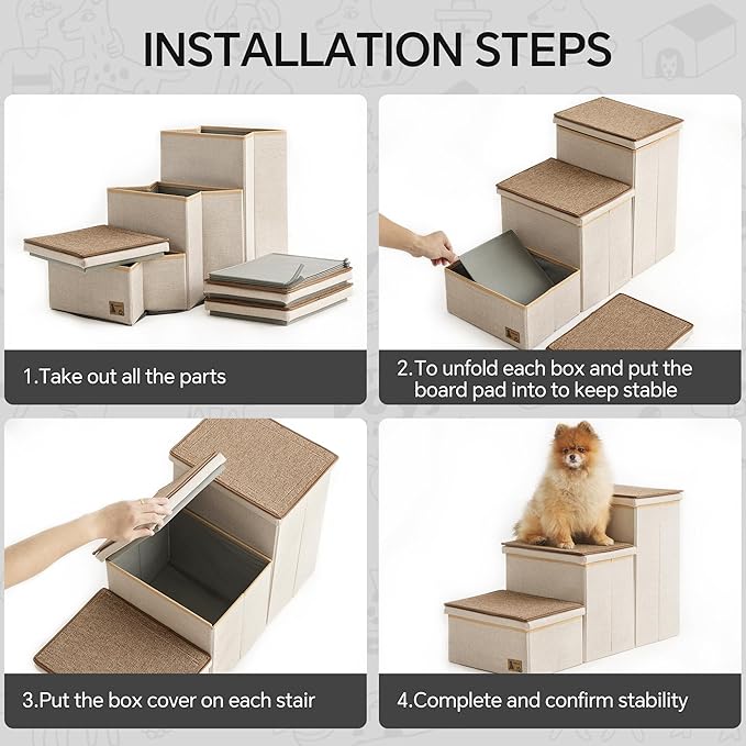 BEDELITE Dog Stairs for Small Medium or Large Dogs, 3 Tiers Dog Steps for High Bed and Couch 17" H, Foldable Pet Stairs Up to 200Lbs with Detachable Mats & Storage, Beige