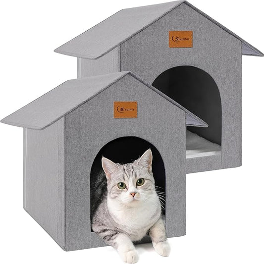 Outdoor Cat House, Outdoor Cat Shelter Feral Cat, Outside Waterproof Cat House for Outdoor/Indoor Cats, Insulated Cat House for Winter with Cozy Cushion, Easy to Assemble, Grey, 2 Pack