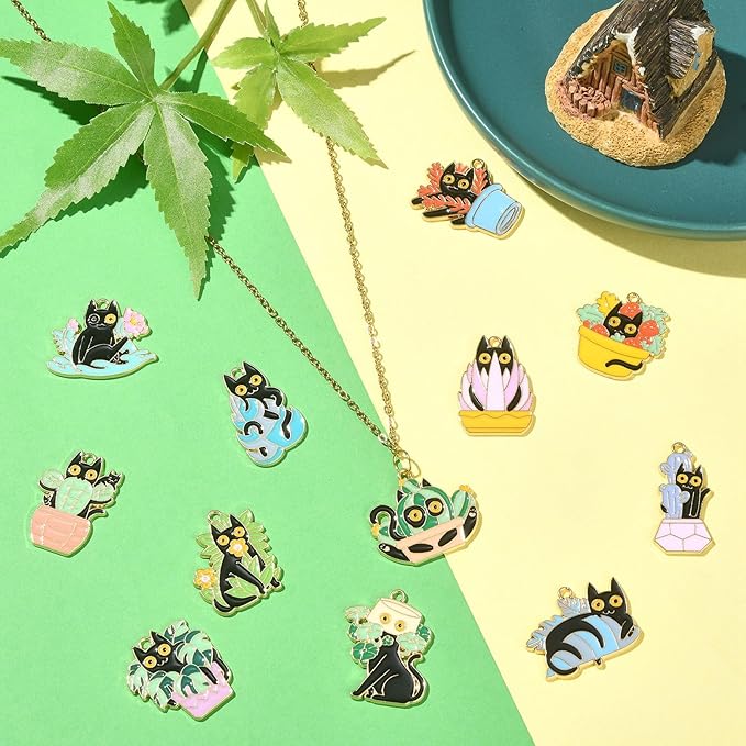 LiQunSweet 24 Pcs 12 Styles Enamel Halloween Themed Animal Charms Black Cat with Potted Plant Bonsai Succulent Cactus Charms for DIY Jewelry Making