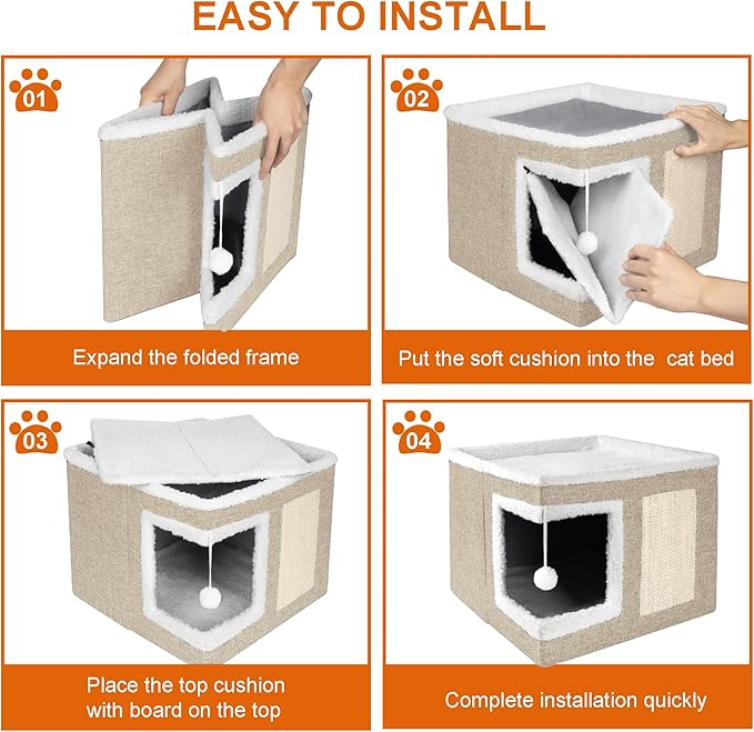 Cat Houses for Indoor Cats - Large Cat Bed Cave for Cat House with Scratch Pad and Fluffy Ball, Foldable Cat Hideaway with Reversible Cushion Cat Condo for Multi Small Pet, Khaki