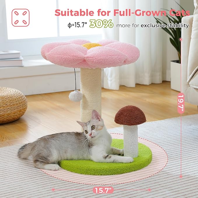PETEPELA Flower Cat Scratching Post, Mushroom Cat Scratcher Cute with Thick Scratching Post [Dia=3.5''] & Removable Flower Cat Bed, Tall Cat Post for Kittens and Indoor Small Cats, Pink