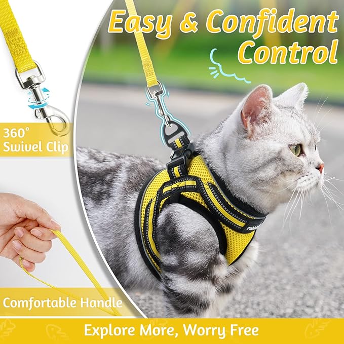 rabbitgoo Cat Harness and Leash Set for Walking Escape Proof, Adjustable Soft Kittens Vest with Reflective Strip for Cats, Comfortable Outdoor Vest, Bright Yellow, M