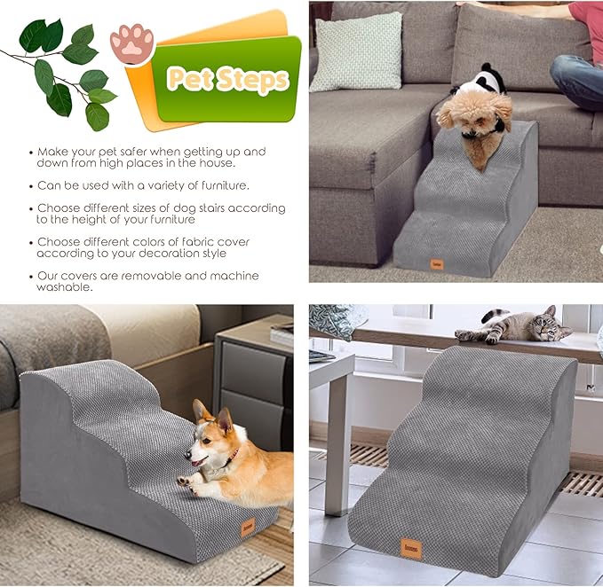 Foam Dog Stairs/Steps, 3 Tiers Pet Ramp/Ladder with Waterproof Cover for Bed Couch Sofa, Non-Slip, Dog Stair for Small Dogs Cats with Old/Injured/Short-Legged, 15.7" H Grey